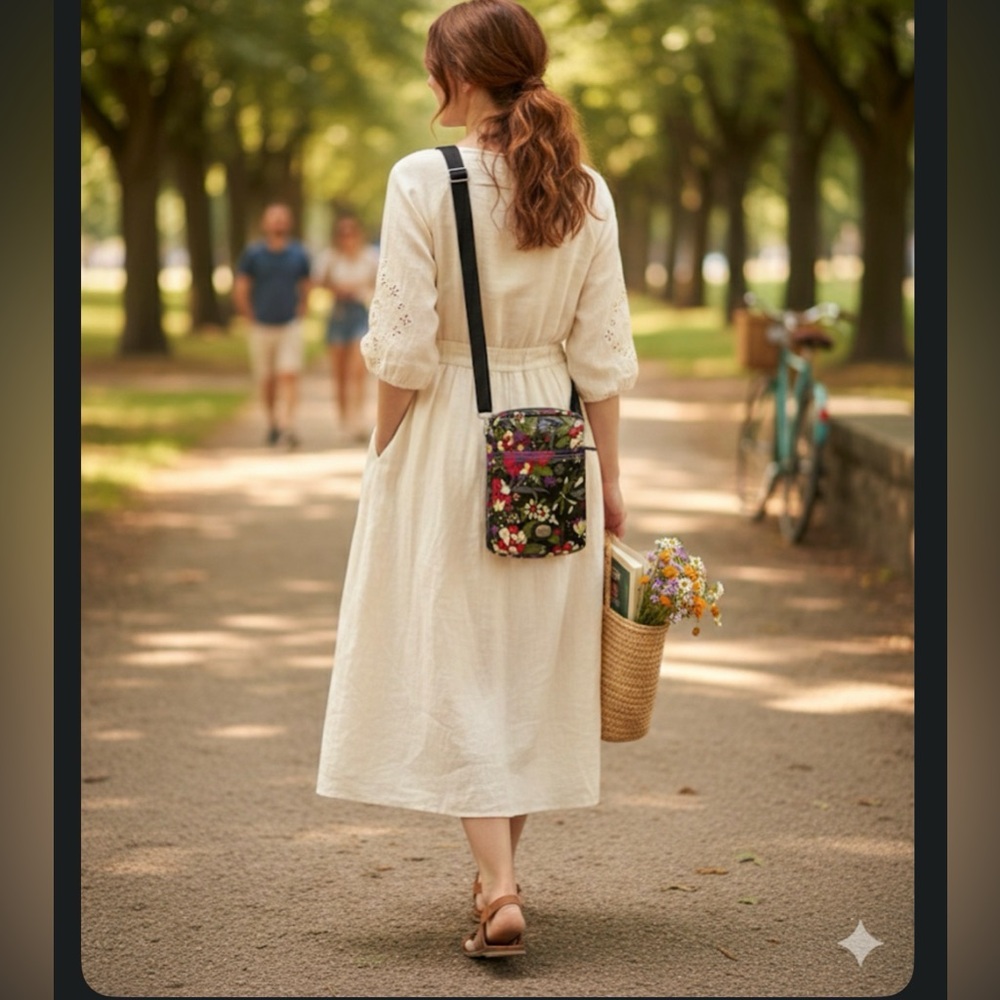 Lina Floral Canvas Crossbody Bag Adjustable Strap Multi-Pocket Travel Purse - Picture 2 of 11